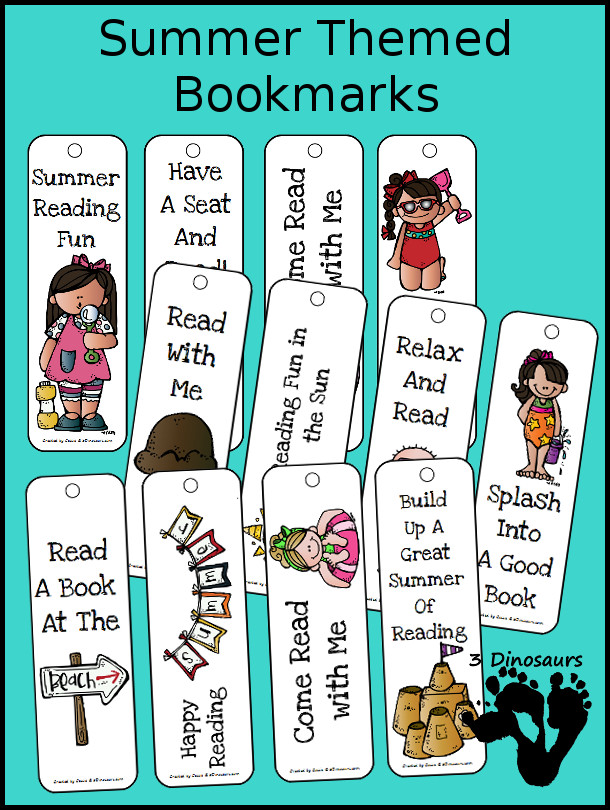 Free Summer Themed Bookmarks - 12 different bookmarks to pick from - 3Dinosaurs.com