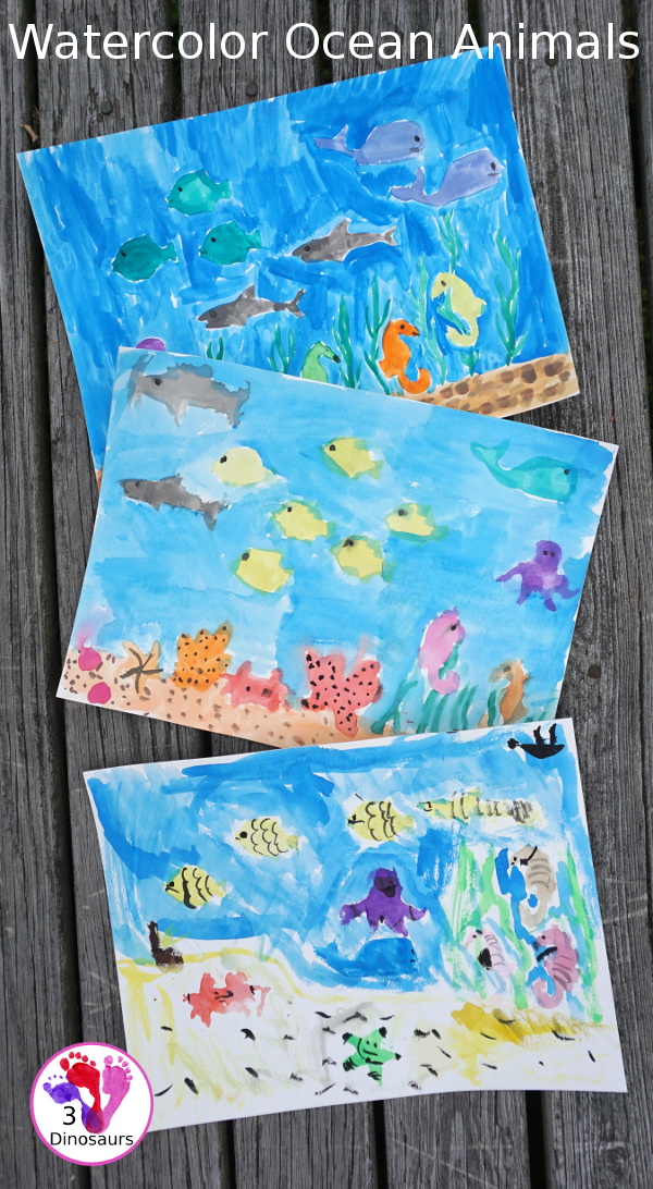 Watercolor Ocean Animals Painting - simple and easy watercolor painting activity for kids of different ages - 3Dinosaurs.com