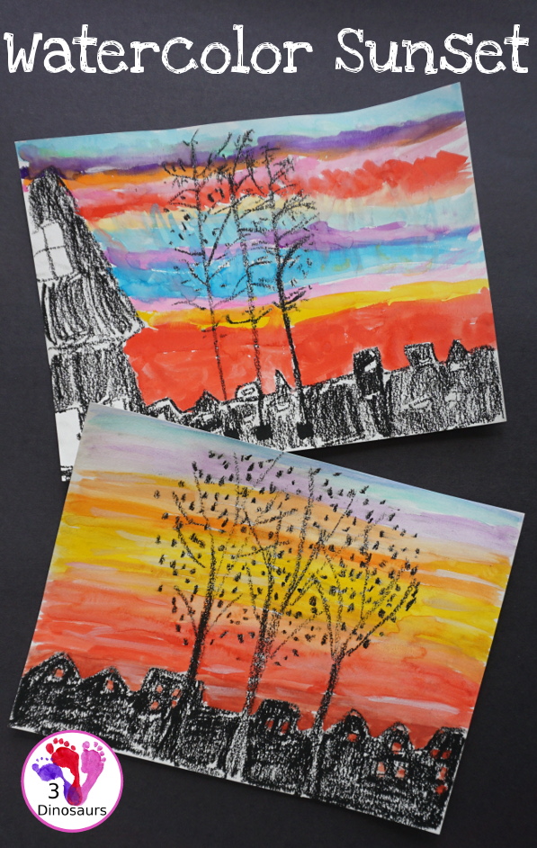 Sunset Watercolor Themed Painting - a fun summer sunset project for kids to do - 3Dinosaurs.com