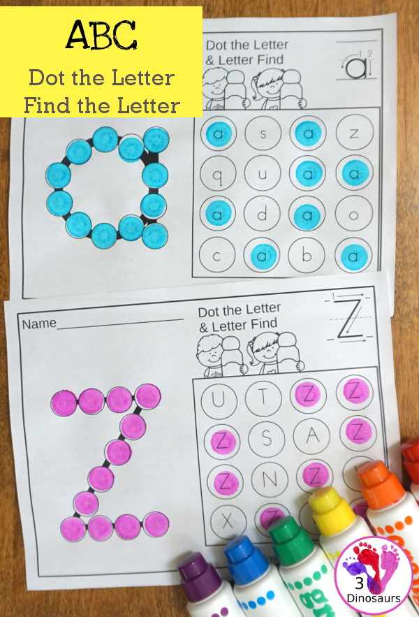 No-Prep ABC Dot the Letter & Find the Letter - all 26 letters of the alphabet in uppercase only or lowercase only dot the letter and find the letter - 3Dinosaurs.com