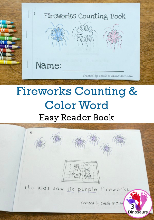 Free Fireworks Themed Counting & Color Word Easy Reader Book - numbers 0 to 10 with 10 colors words for kids to work on - 3Dinosaurs.com
