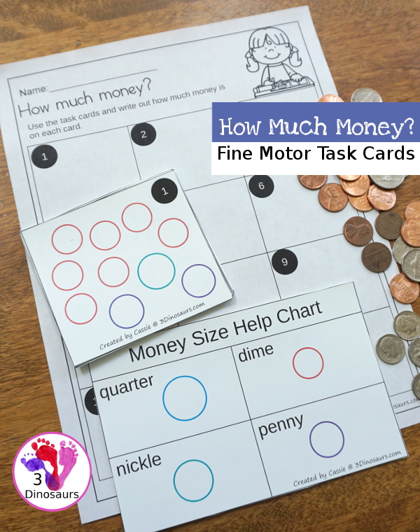 Free Fine Motor Money Matching Task Cards - 12 cards and matching worksheets for kids to work on matching and counting money - 3Dinosaurs.com