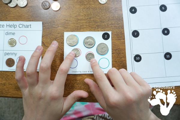 Free Fine Motor Money Matching Task Cards - 12 cards and matching worksheets for kids to work on matching and counting money - 3Dinosaurs.com