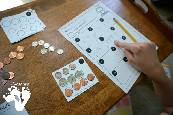 Free Fine Motor Money Matching Task Cards - 12 cards and matching worksheets for kids to work on matching and counting money - 3Dinosaurs.com