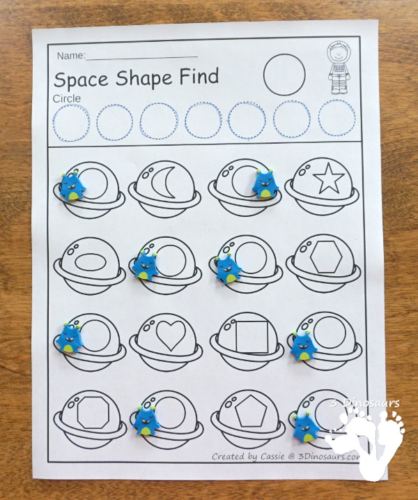 Space themed shape find - with 12 shapes you can trace and find - easy to use no-prep printable You can work on geometric shape and shape words in this set. $ - 3Dinosaurs.com