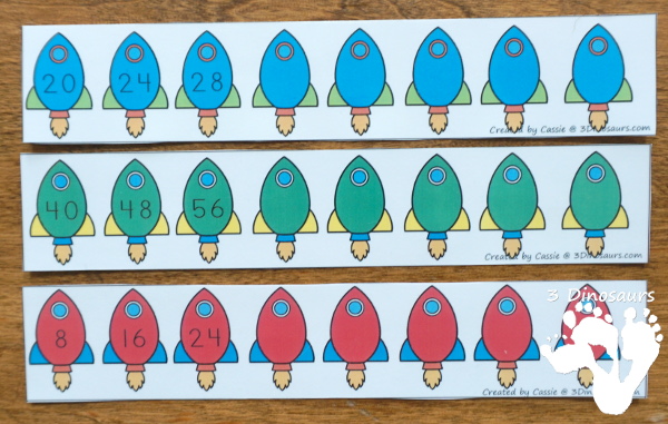 Free Space Theme Skip Counting Strips - 6 strips for each number from 1 to 12 with skip counting forward and backward - 3Dinosaurs.com #skipcounting #freeprintable 
