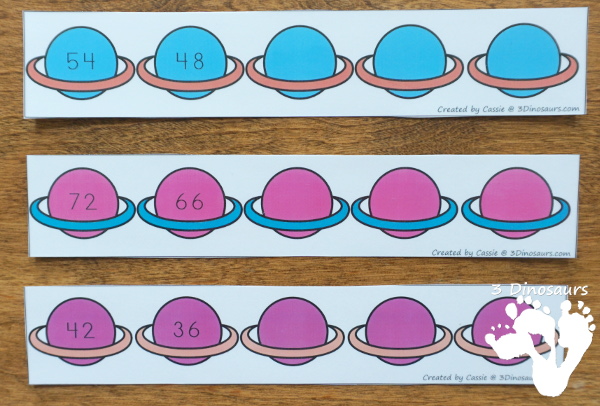 Free Space Theme Skip Counting Strips - 6 strips for each number from 1 to 12 with skip counting forward and backward - 3Dinosaurs.com #skipcounting #freeprintable 