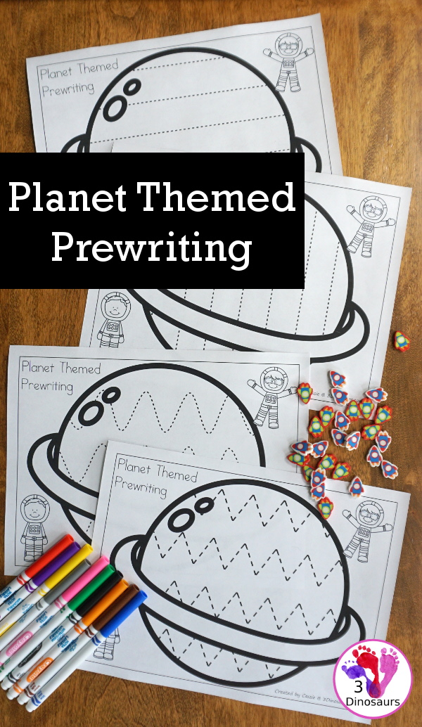 Free Fine Motor Fun: Planet Themed Prewriting Activity - 6 fun pages or prewriting on a planet with ideas of how to use them - 3Dinosaurs.com
