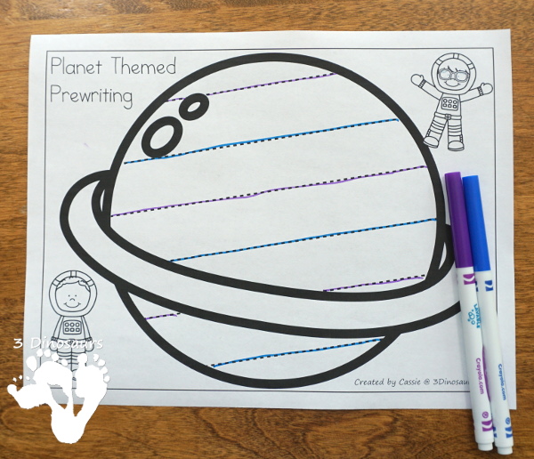 Free Fine Motor Fun: Planet Themed Prewriting Activity - 6 fun pages or prewriting on a planet with ideas of how to use them - 3Dinosaurs.com