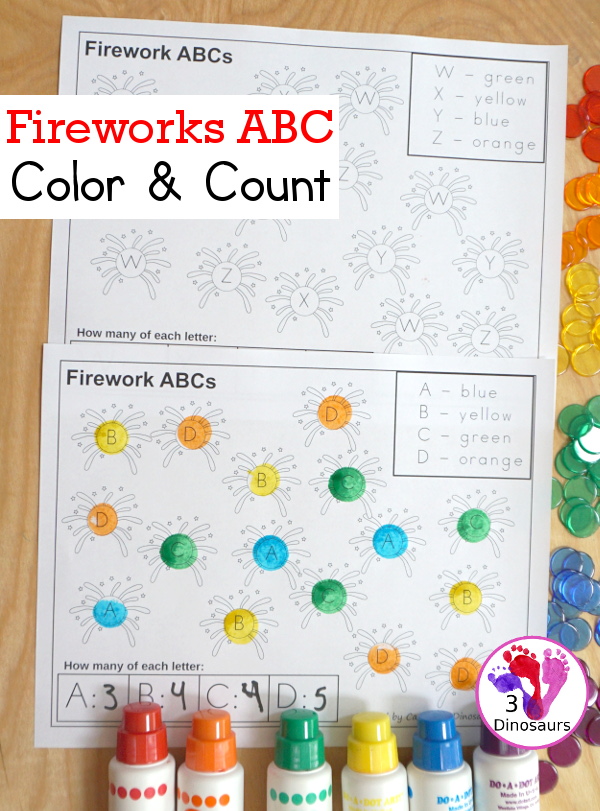 Free No-Prep Fireworks ABC Color & Count - with 4 uppercase letters per page with 7 pages of printables - 3Dinosaurs.com