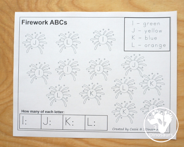 Free No-Prep Fireworks ABC Color & Count - with 4 uppercase letters per page with 7 pages of printables - 3Dinosaurs.com
