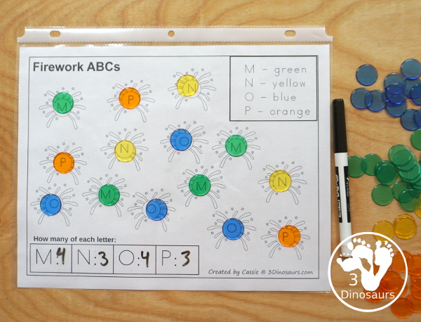 Free No-Prep Fireworks ABC Color & Count - with 4 uppercase letters per page with 7 pages of printables - how to make the page reusable with kids - 3Dinosaurs.com