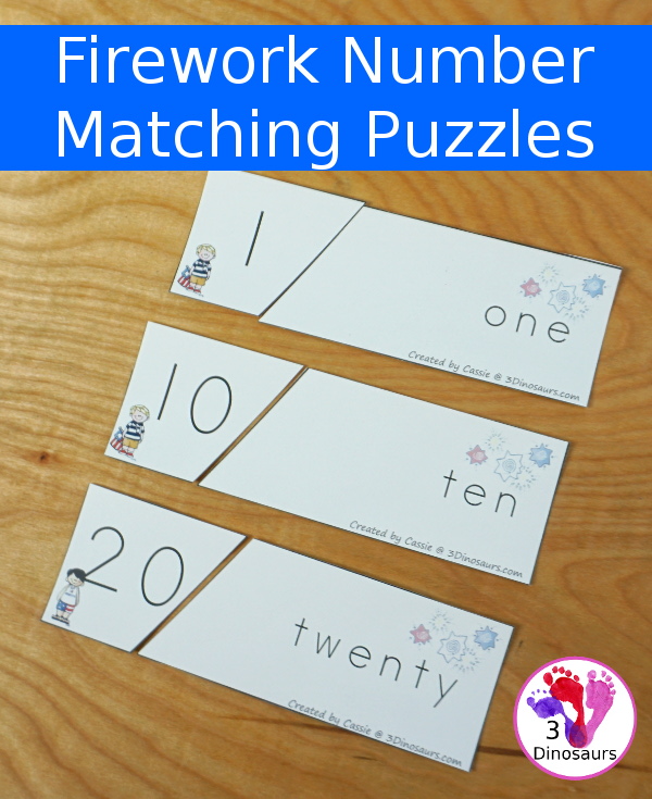 Free Firework Themed Number Digit & Number Word Match Puzzles - It has numbers 1 to 20 to match the needs of kids an different levels of learning - 3Dinosaurs.com