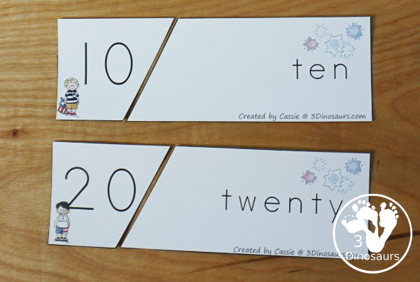 Free Firework Themed Number Digit & Number Word Match Puzzles - It has numbers 1 to 20 to match the needs of kids an different levels of learning - 3Dinosaurs.com