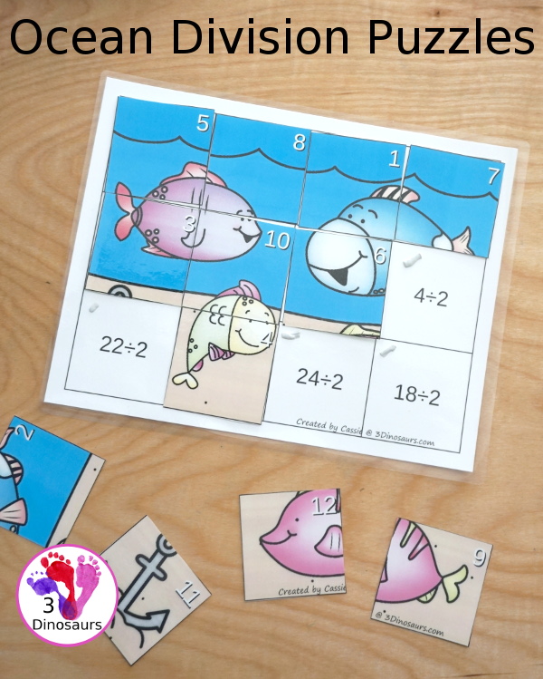 Hands-On Learning with Ocean Themed Division Puzzles -11 puzzles and mats to work on division from 2 to 12 with a fun way to learn. - 3Dinosaurs.com