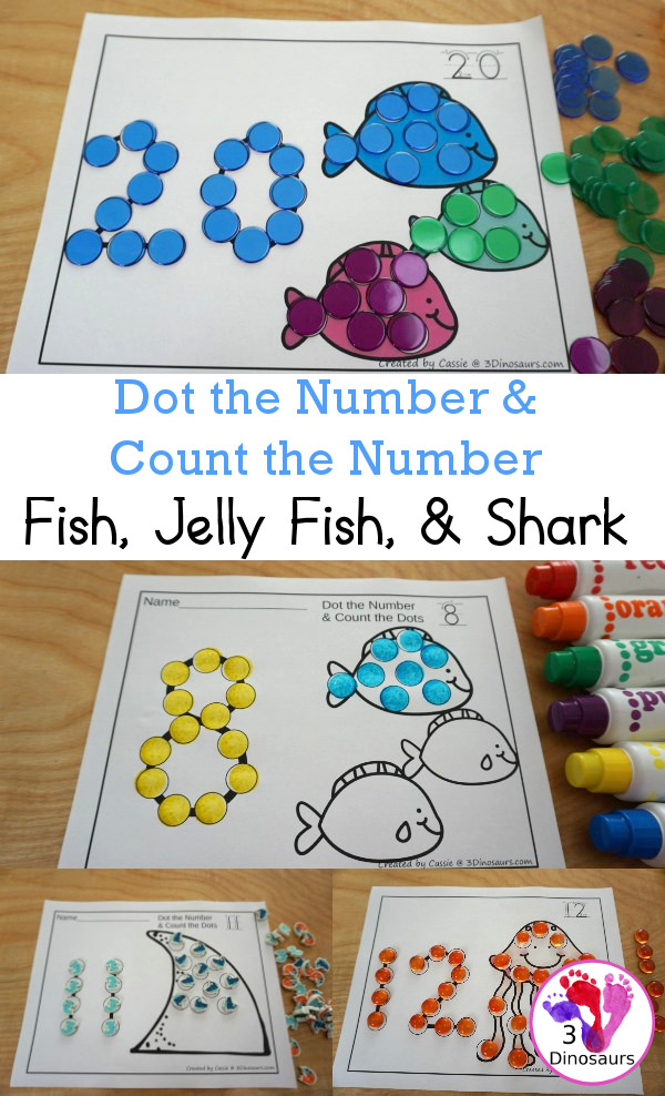 Ocean Dot the Number Count the Number: Shark, Fish, & Jellyfish - easy way to work on numbers from 0 to 20 with fine motor work and counting with this great ocean and summer theme for PreK and Kindergarten - 3Dinosaurs.com