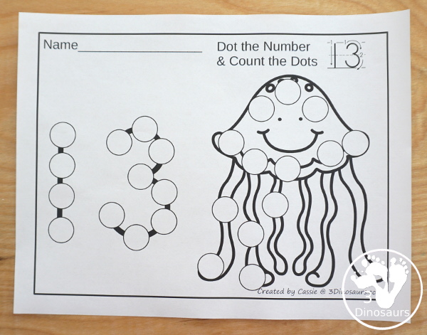 Ocean Dot the Number Count the Number: Shark, Fish, & Jellyfish - easy way to work on numbers from 0 to 20 with fine motor work and counting with this great ocean and summer theme for PreK and Kindergarten - 3Dinosaurs.com