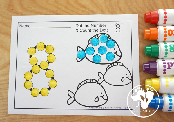 Ocean Dot the Number Count the Number: Shark, Fish, & Jellyfish - easy way to work on numbers from 0 to 20 with fine motor work and counting with this great ocean and summer theme for PreK and Kindergarten - 3Dinosaurs.com