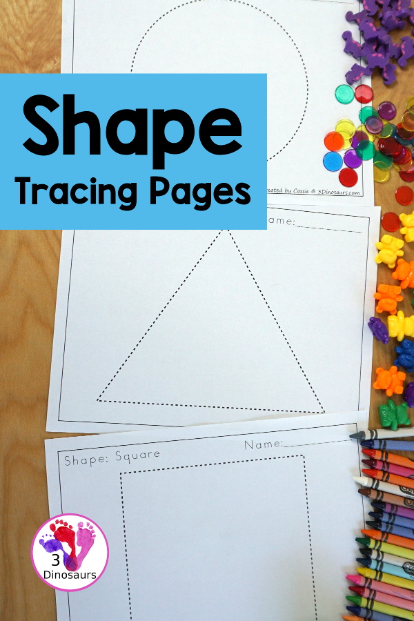 Free Shape Tracing pages with 12 shapes that are large and fun to trace, color, place objects on or playdough - 3Dinosaurs.com  #3dinosaurs #kindergarten #prek #shapes #freeprintable