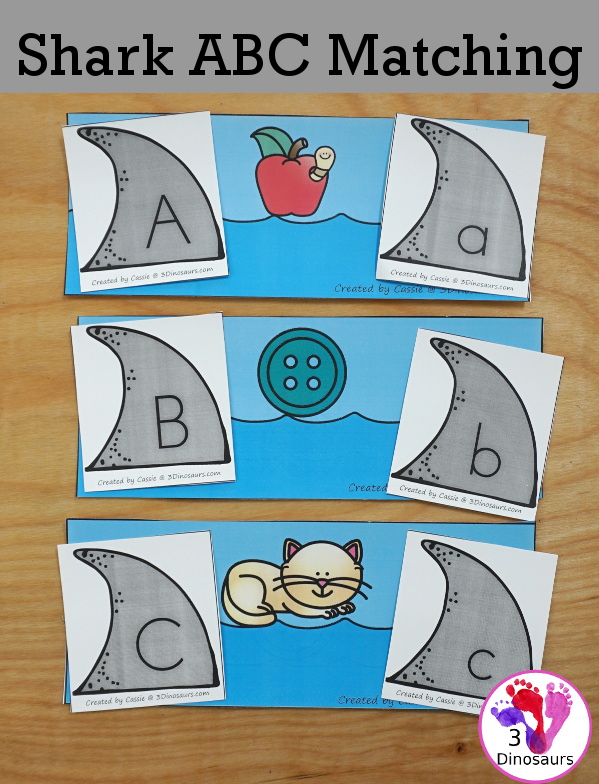Free Hands-On Shark ABC Matching Printable - all 26 letters of the alphabet with shark fin uppercase and lowercase letters and sorting ocean themed mats - 3Dinosaurs.com