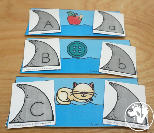 Free Hands-On Shark ABC Matching Printable - all 26 letters of the alphabet with shark fin uppercase and lowercase letters and sorting ocean themed mats - 3Dinosaurs.com