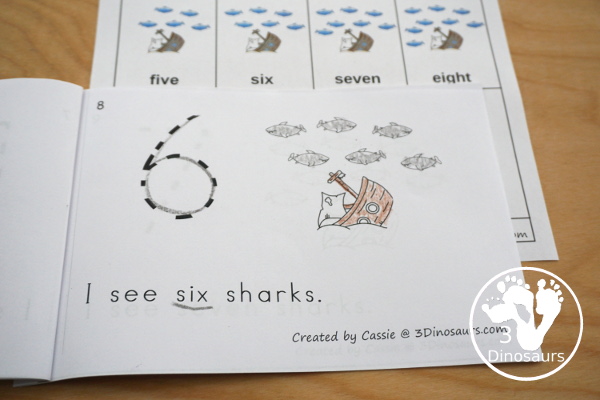 Shark Activity Pack: numbers - works on 0 to 10 for kids to learn numbers in an easy no-prep page to color and trace numbers. - 3Dinosaurs.com