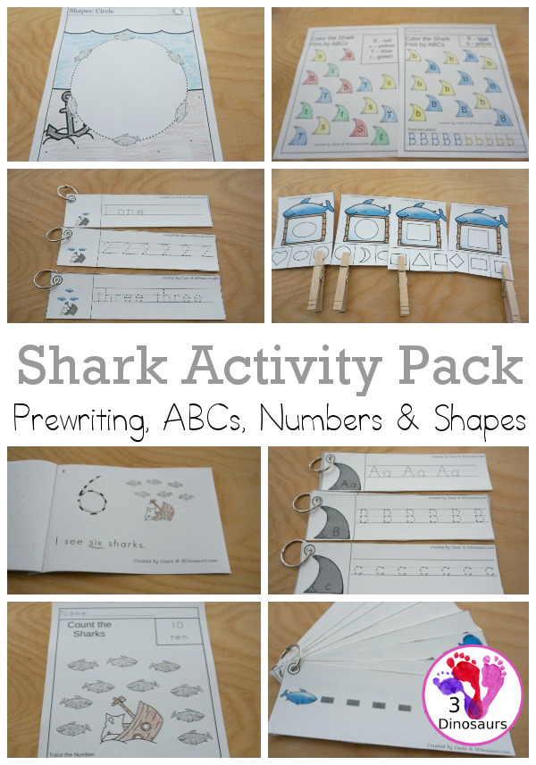 Shark Activity Pack: Prewriting, Shapes, ABCs & Numbers - a fun activity pack with 189 pages of printables with a mix of no-prep, easy reader books and clip cards for learning with a shark theme for kids to try out and learn with printables that all work together. - 3Dinosaurs.com