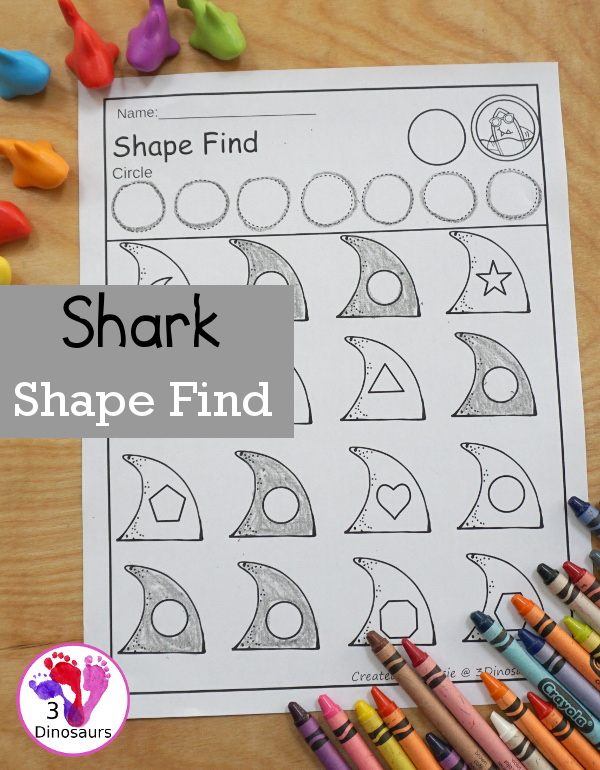 Easy No-Prep Shark Themed Shape Find - with shape and shape word for kids - 3Dinosaurs.com