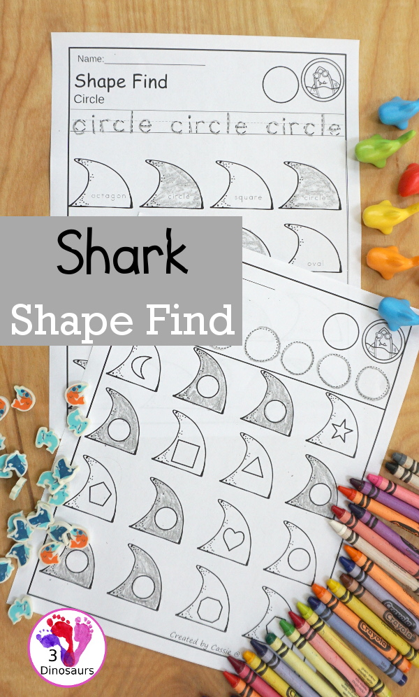 Easy No-Prep Shark Themed Shape Find - with shape and shape word for kids - 3Dinosaurs.com