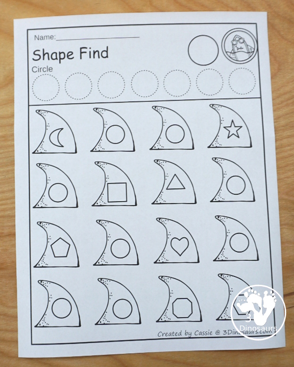 Easy No-Prep Shark Themed Shape Find - with shape and shape word for kids - 3Dinosaurs.com