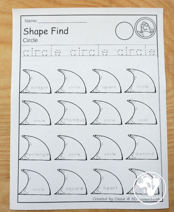 Easy No-Prep Shark Themed Shape Find - with shape and shape word for kids - 3Dinosaurs.com
