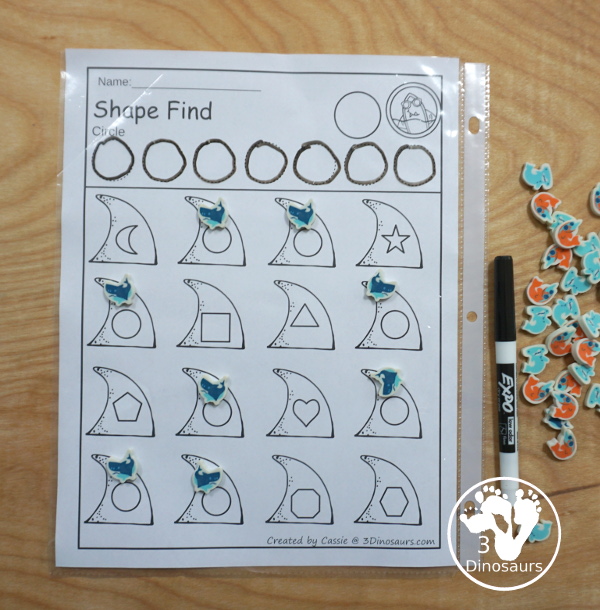 Easy No-Prep Shark Themed Shape Find - with shape and shape word for kids - 3Dinosaurs.com