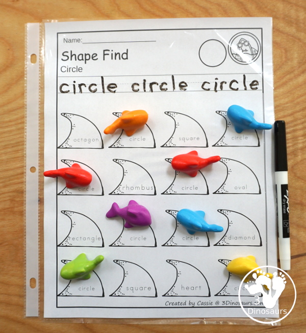 Easy No-Prep Shark Themed Shape Find - with shape and shape word for kids - 3Dinosaurs.com