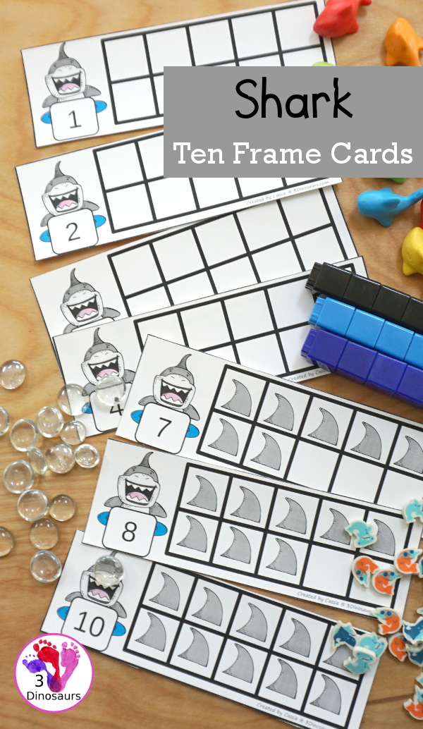 Free Hands-On Learning With Shark Ten Frames 1 to 10 - Fun ten frame cards that come with numbers filled out and blank for kids to fill out in a great shark theme for a shark theme day - 3Dinosaurs.com