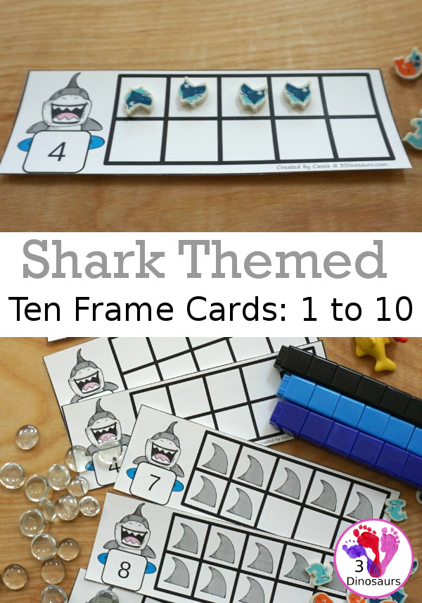 Free Hands-On Learning With Shark Ten Frames 1 to 10 - Fun ten frame cards that come with numbers filled out and blank for kids to fill out in a great shark theme for a shark theme day - 3Dinosaurs.com