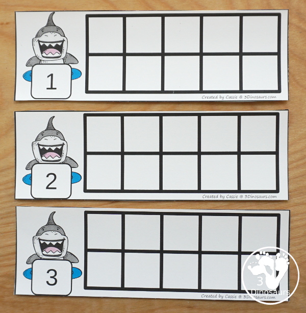 Free Hands-On Learning With Shark Ten Frames 1 to 10 - Fun ten frame cards that come with numbers filled out and blank for kids to fill out in a great shark theme for a shark theme day - 3Dinosaurs.com