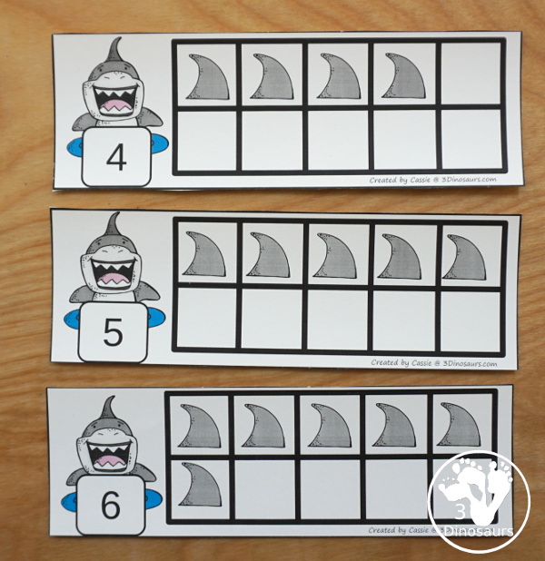 Free Hands-On Learning With Shark Ten Frames 1 to 10 - Fun ten frame cards that come with numbers filled out and blank for kids to fill out in a great shark theme for a shark theme day - 3Dinosaurs.com