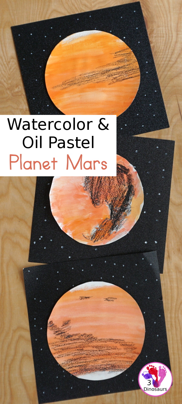 Watercolor & Oil Pastel: Planet Mars for kids - easy mix art projects for kids to do for the planet Mars. You have fun with different ages level doing the same art project- 3Dinosaurs.com  #3dinosaurs 