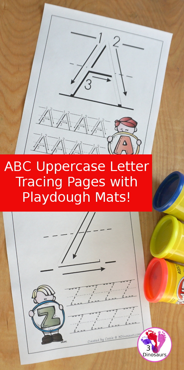 Free ABC Uppercase Letter Tracing Pages with Playdough Mats - with playdough mat letter with showing the tracing and then two trace options for the letters - 3Dinosaurs.com