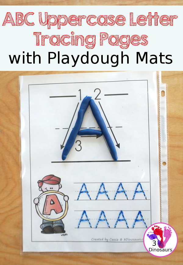 Free ABC Uppercase Letter Tracing Pages with Playdough Mats - with playdough mat letter with showing the tracing and then two trace options for the letters - 3Dinosaurs.com