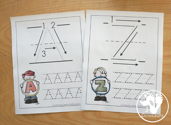 Free ABC Uppercase Letter Tracing Pages with Playdough Mats - with playdough mat letter with showing the tracing and then two trace options for the letters - 3Dinosaurs.com