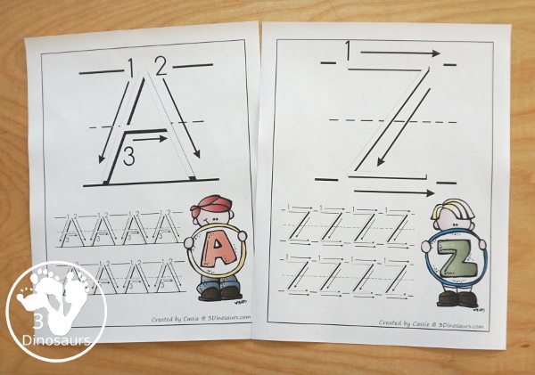 Free ABC Uppercase Letter Tracing Pages with Playdough Mats - with playdough mat letter with showing the tracing and then two trace options for the letters - 3Dinosaurs.com