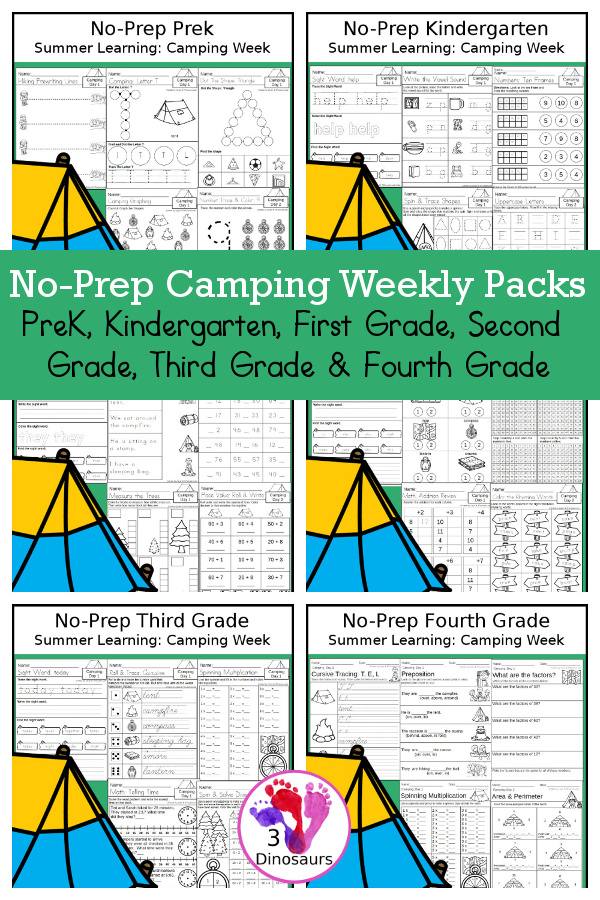 No-Prep Camping Themed Weekly Packs for PreK, Kindergarten, First Grade, Second Grade, Third Grade & Fourth Grade with 5 days of activities to do for each grade level - 3Dinosaurs.com
