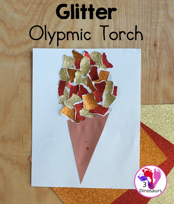 Glitter Olympic Torch Craft with Torn Paper Art - is an easy to make torn paper craft for the Olympics that kids can make - 3Dinosaurs.com