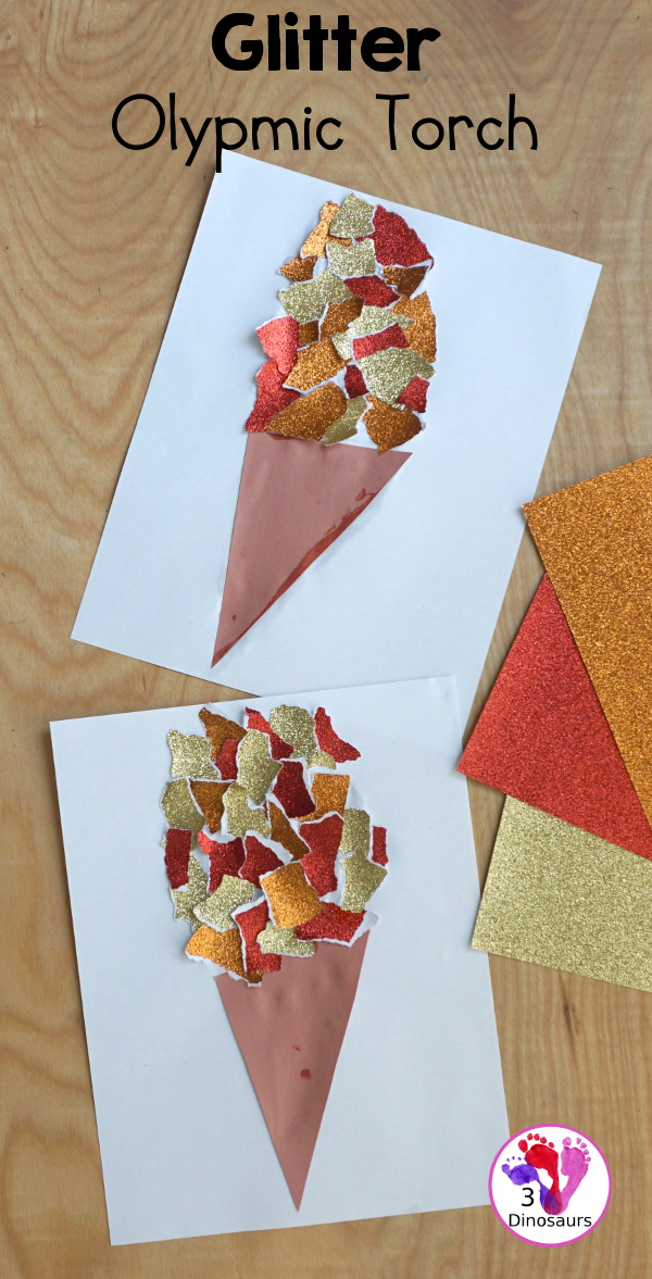 Glitter Olympic Torch Craft with Torn Paper Art - is an easy to make torn paper craft for the Olympics that kids can make - 3Dinosaurs.com