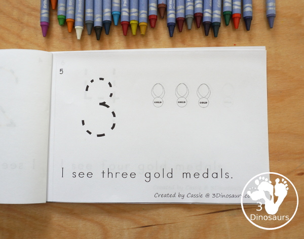 FREE Olympics Gold Medal Counting Book: Numbers 0 to 10 - has 6 pages with number 0 to 10 with gold medal counting themes - 3Dinosaurs.com