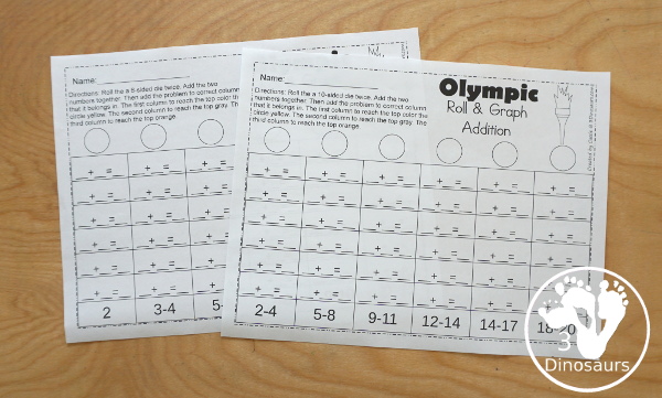 Free Olympic Roll and Graph Math for Addition & Multiplication - fun printables to work on math during the Olympics with rolling and filling out the graph - 3Dinosaurs.com