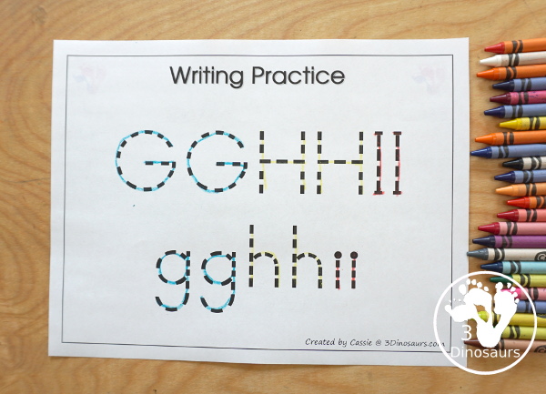 Free Romping & Roaring GHI Review Pack - with letter g, letter h, and letter i printables for reviewing the three letters with tracing, puzzles, coloring pages, finger puppets, game and more- 3Dinosaurs.com