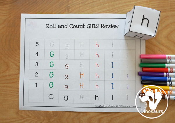 Free Romping & Roaring GHI Review Pack - with letter g, letter h, and letter i printables for reviewing the three letters with tracing, puzzles, coloring pages, finger puppets, game and more- 3Dinosaurs.com