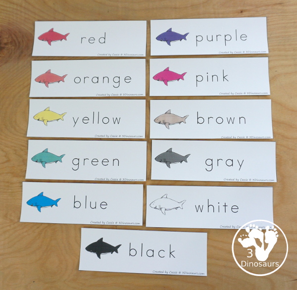 Shark Color Pack - with 63 pages of printables with color easy reader book, color clip cards, color tracing strips, color writing strips, color pocket chart cards, color word writing, color word puzzles, and more all to work on learning color words. This is a great ocean theme - 3Dinosaurs.com-  - 3Dinosaurs.com